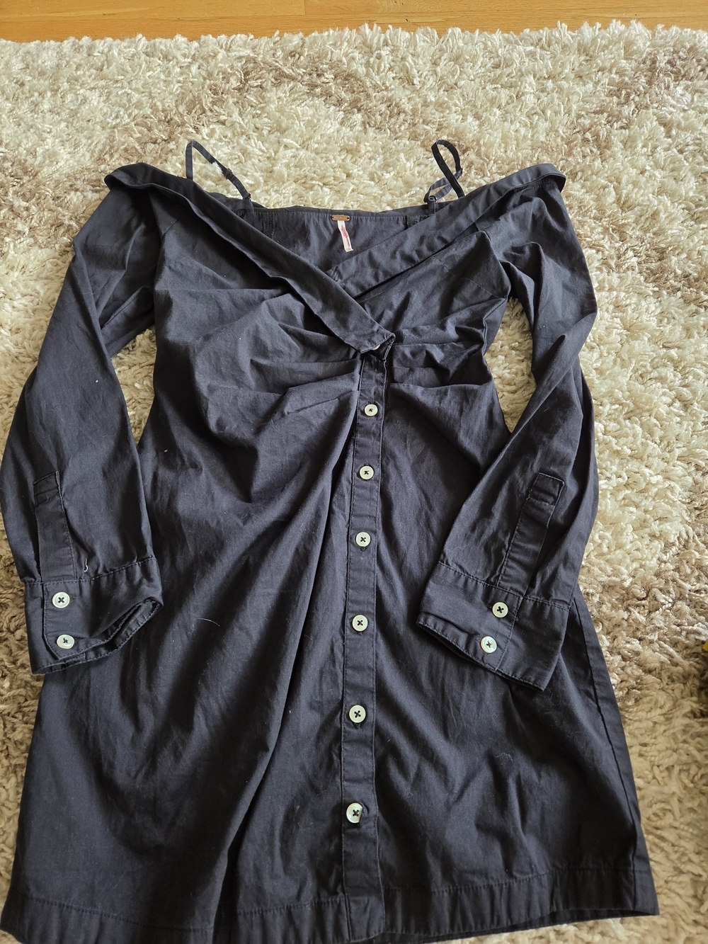 Free People Black Long Sleeve Off-Shoulder Button-Front Dress